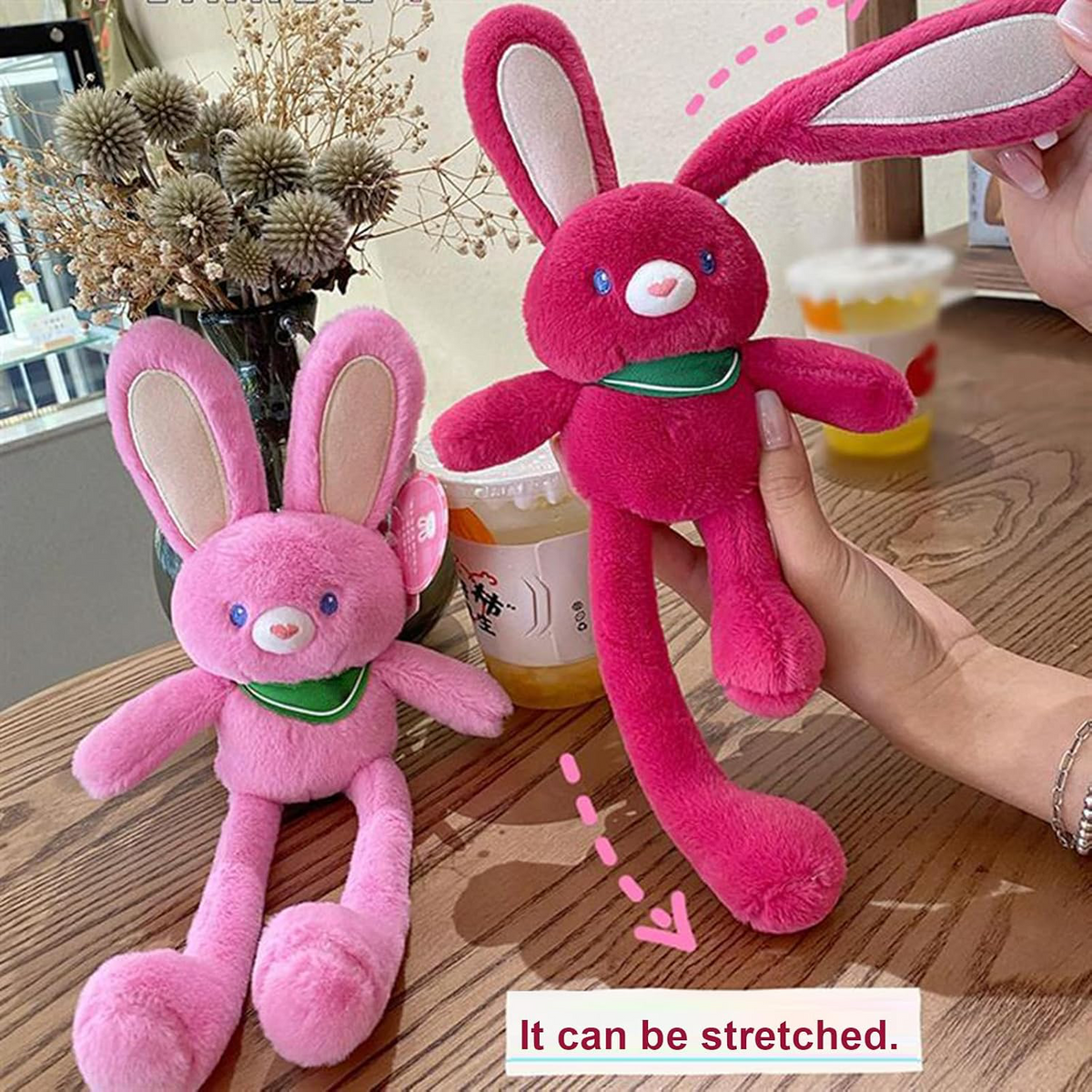 Stretchable Ear & Leg Bunny Plush Keychain – Interactive Long Leg Rabbit Plushie Bag Charm with Green Scarf Accent