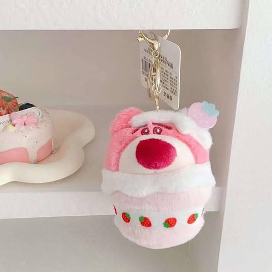 Strawberry Lotso Bear Cupcake Plush Keychain – Cute Toy Story Bag Charm & Car Key Ring