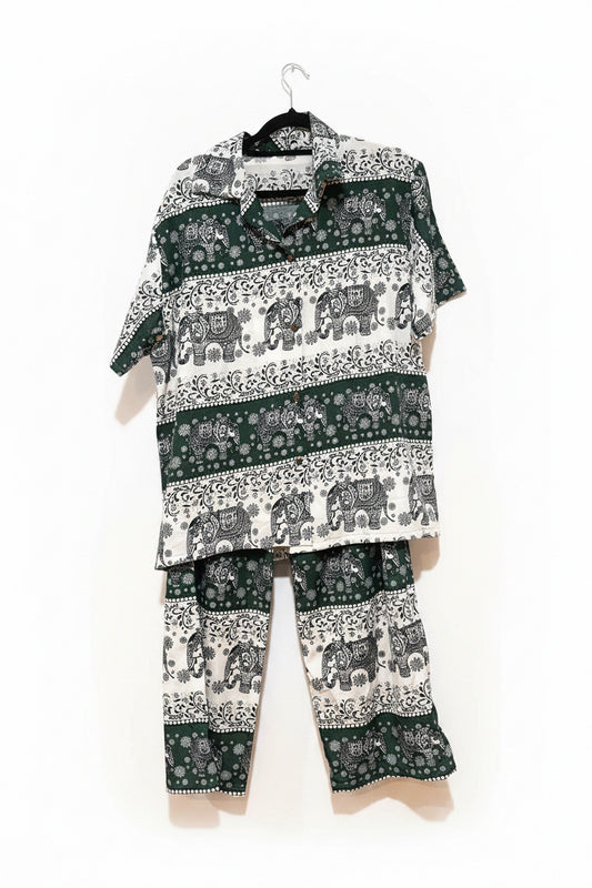 Unisex Elephant Print Short-Sleeve Button-Down Shirt and Pants Set