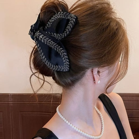 Rhinestone Leaf Bow Hair Claw