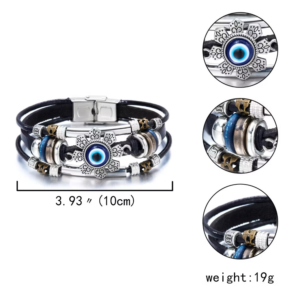 Vintage Evil Eye Protection Leather Bracelet – Unisex Multi-Strand Wristband