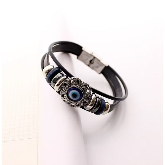 Vintage Evil Eye Protection Leather Bracelet – Unisex Multi-Strand Wristband