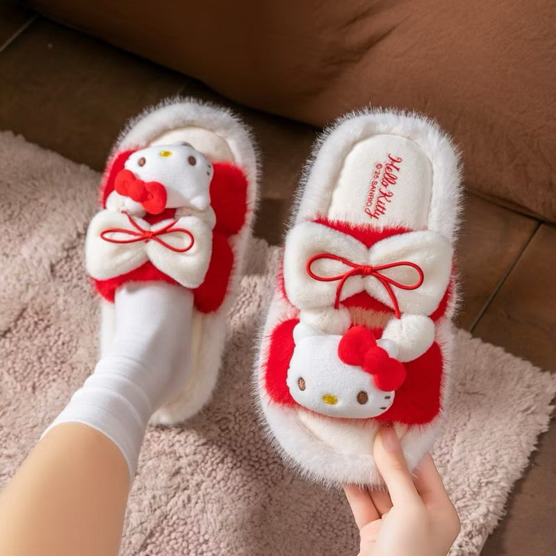 Sanrio Character Plush Bow Fuzzy Slippers