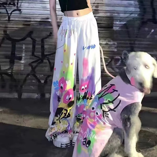 Graffiti Print Oversized Wide-Leg Sweatpants | Streetwear Drawstring Baggy Pants