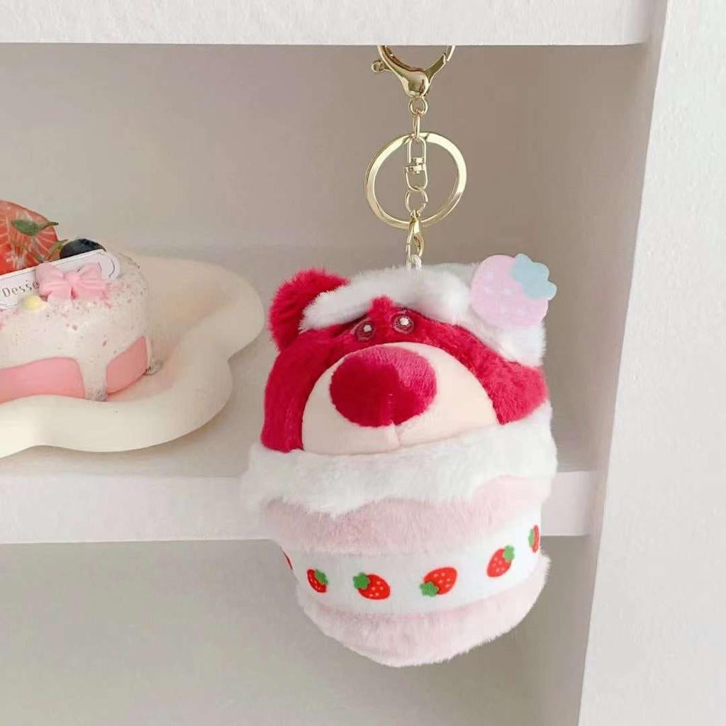 Strawberry Lotso Bear Cupcake Plush Keychain – Cute Toy Story Bag Charm & Car Key Ring