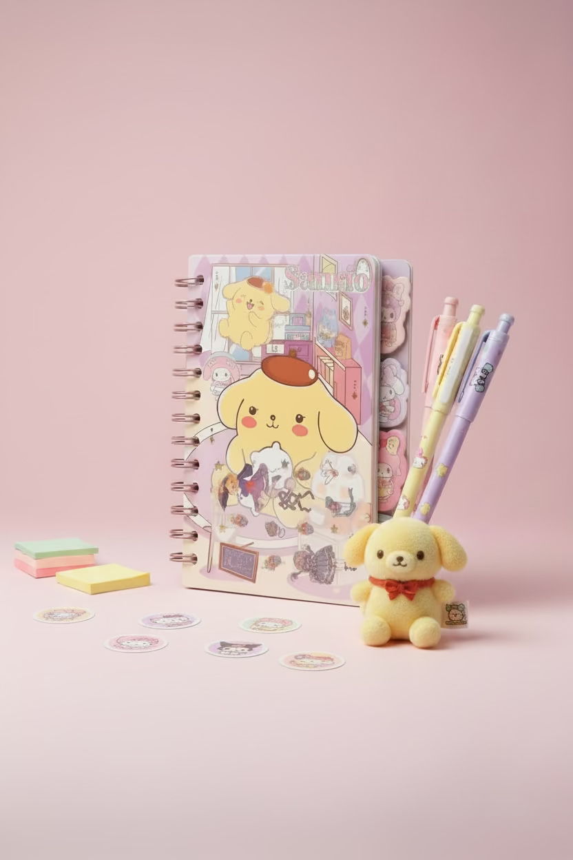 Sanrio sticker notebook with colorful character stickers and a cute cover, perfect for journaling or decorating.