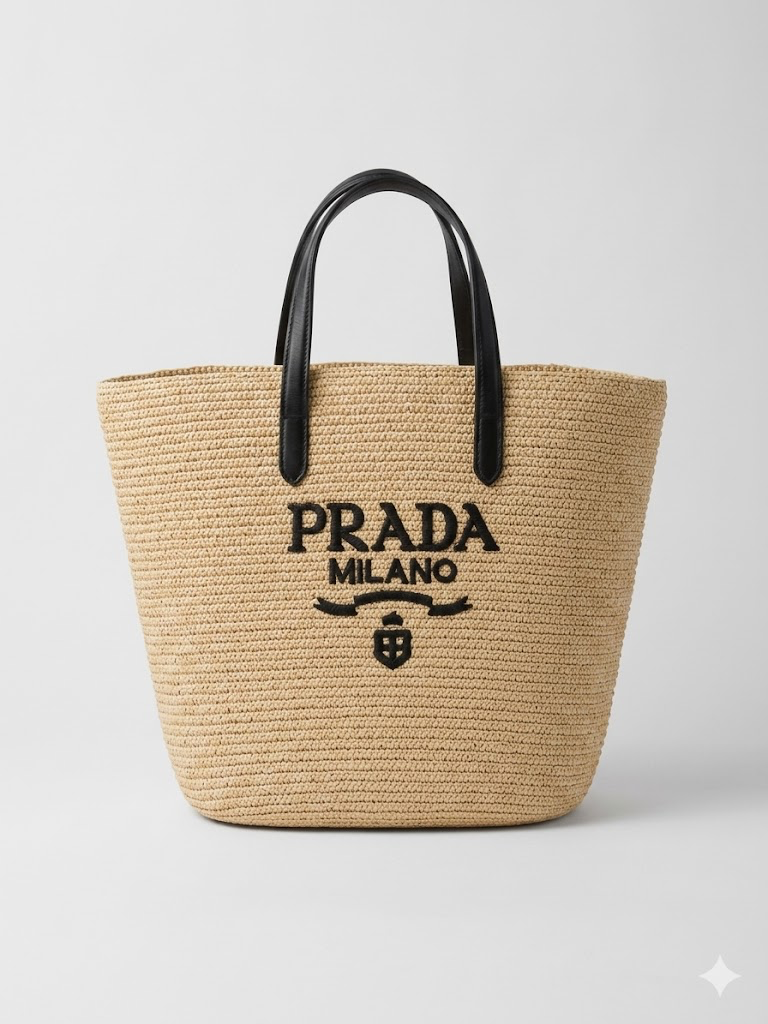Prada woven straw tote bag with leather handles and interior pocket, stylish and spacious for everyday use.