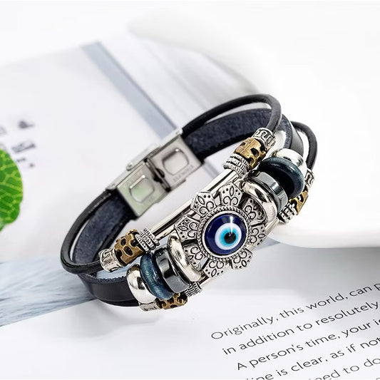 Vintage Evil Eye Protection Leather Bracelet – Unisex Multi-Strand Wristband