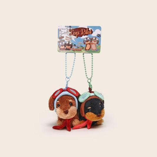 Plush Puppy Pilot Keychain – Cute Stuffed Animal Dog Bag Charm & Kawaii Key Ring Holder for Backpacks
