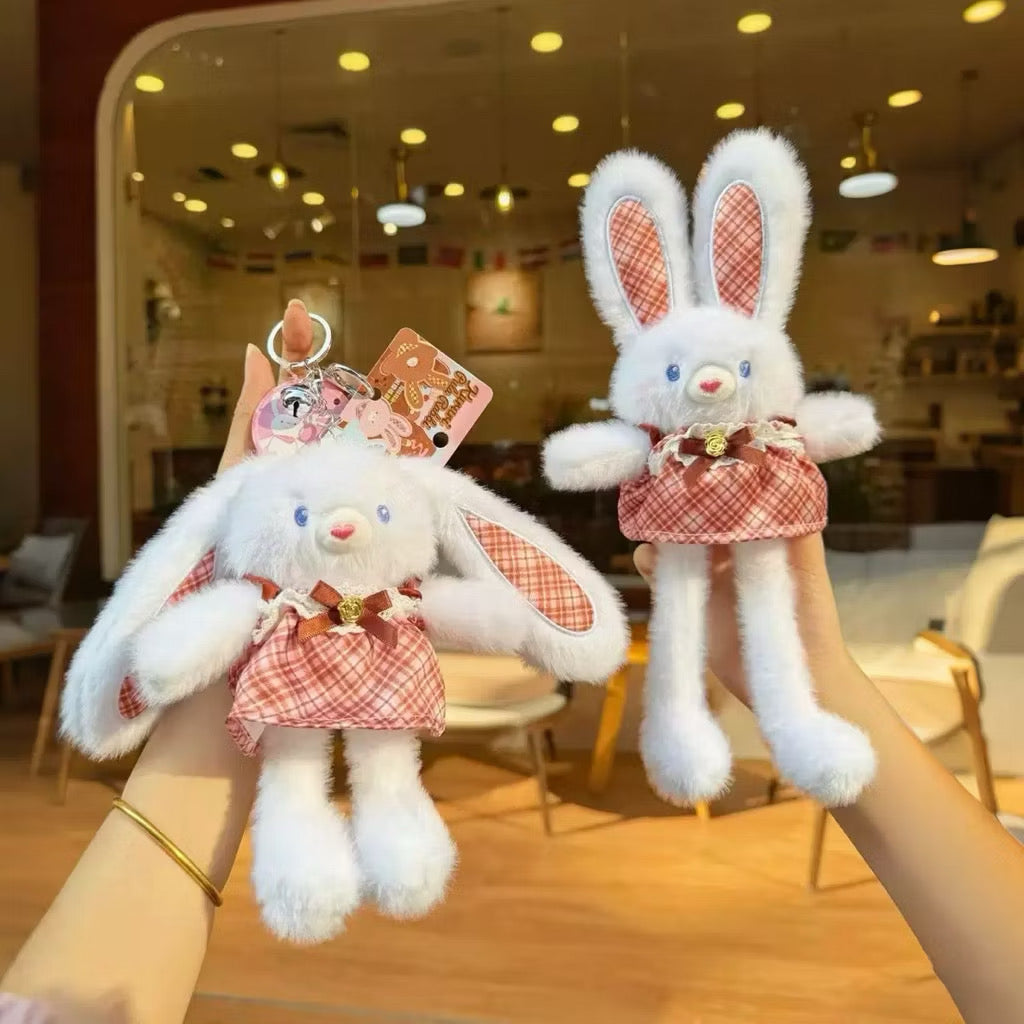 Cute Plaid Dress Bunny Plush Toy Keychain - Fluffy Long Ear Rabbit Stuffed Animal Bag Charm & Pendant