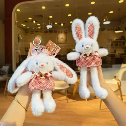 Cute Plaid Dress Bunny Plush Toy Keychain - Fluffy Long Ear Rabbit Stuffed Animal Bag Charm & Pendant
