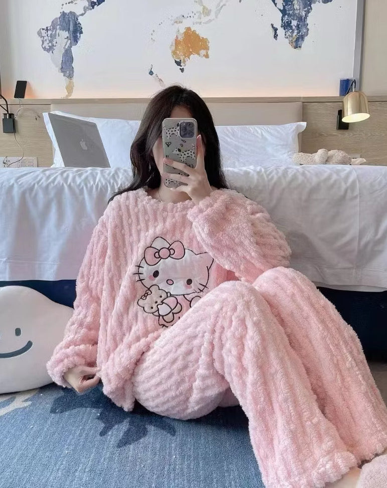Marshmallow Flannel Hello Kitty pajama set by Kxh Official Store featuring pink Hello Kitty character print and soft flannel fabric.
