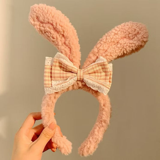 Plush Bunny Ears Headband with Lace Gingham Bow