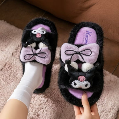 Sanrio Character Plush Bow Fuzzy Slippers