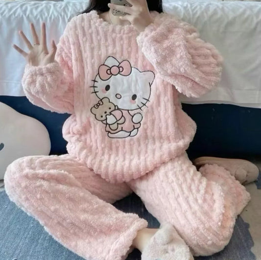 Marshmallow Flannel Hello Kitty pajama set featuring cute Hello Kitty illustrations on soft flannel fabric, perfect for cozy nights.