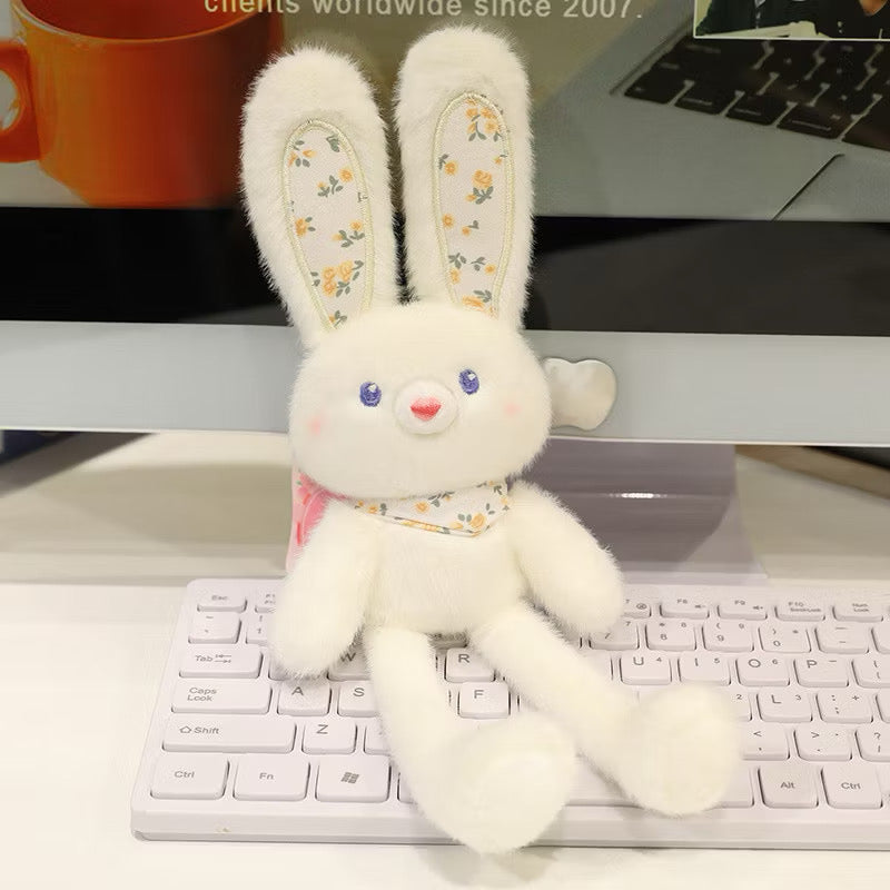 Cute Floral Bunny Plush Toy Keychain - Fluffy Long Ear Rabbit Stuffed Animal Bag Charm & Pendant