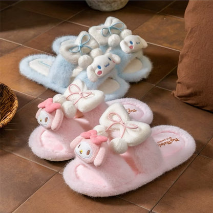 Sanrio Character Plush Bow Fuzzy Slippers