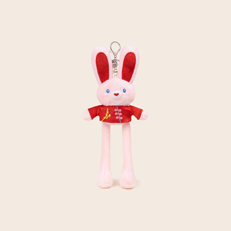 Chinese New Year Bunny Plush Keychain – Cute Rabbit Plushie Bag Charm with Red Tang Suit Top & Keyring