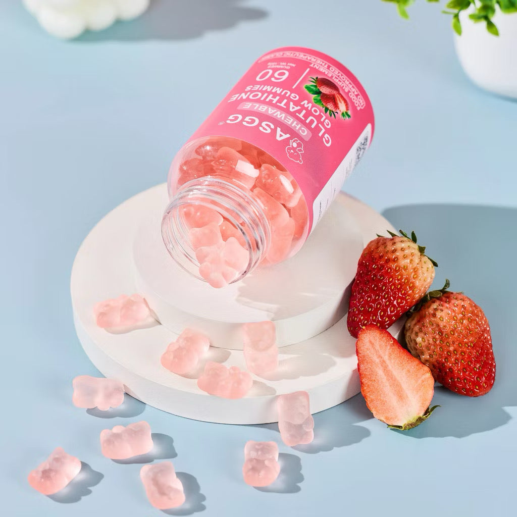 Chewable Glutathione Glow Gummies in strawberry flavor by ASGG, dietary supplement for skin brightness and antioxidant support.