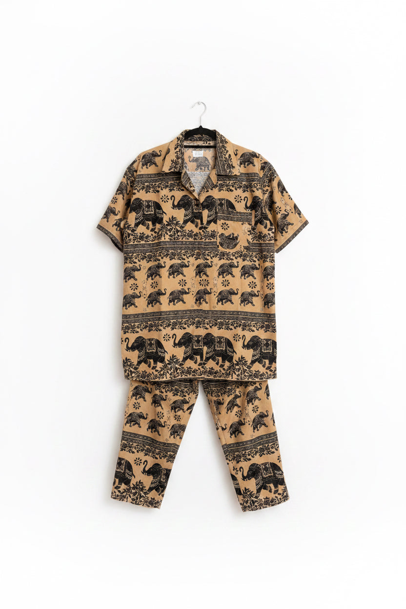 Unisex Elephant Print Short-Sleeve Button-Down Shirt and Pants Set