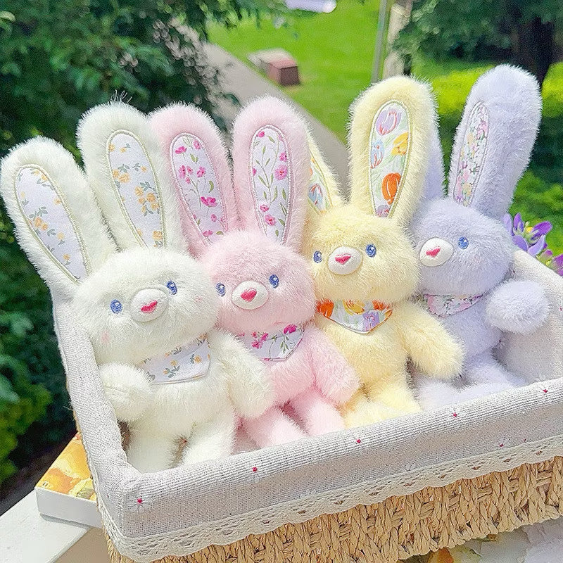Cute Floral Bunny Plush Toy Keychain - Fluffy Long Ear Rabbit Stuffed Animal Bag Charm & Pendant