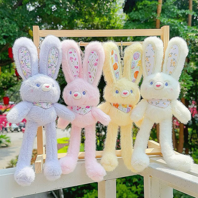 Cute Floral Bunny Plush Toy Keychain - Fluffy Long Ear Rabbit Stuffed Animal Bag Charm & Pendant
