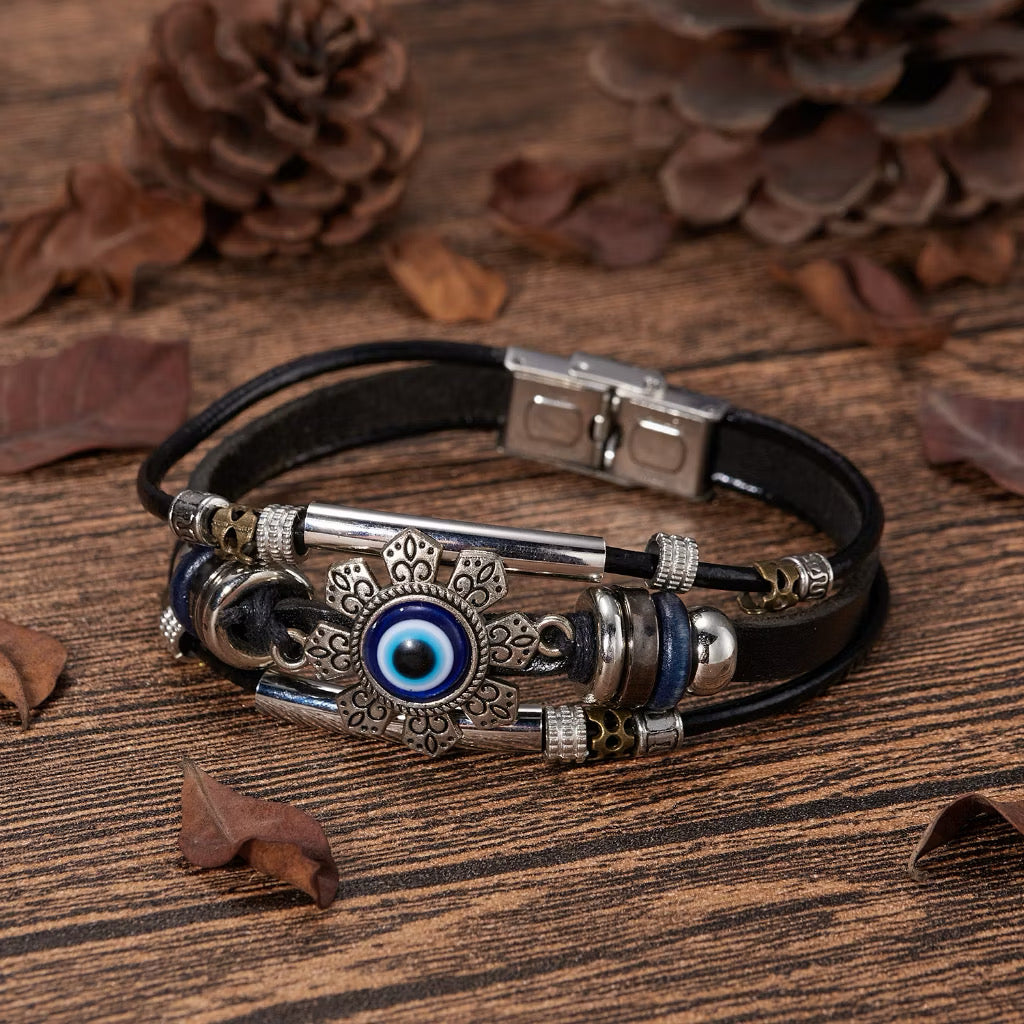 Vintage Evil Eye Protection Leather Bracelet – Unisex Multi-Strand Wristband