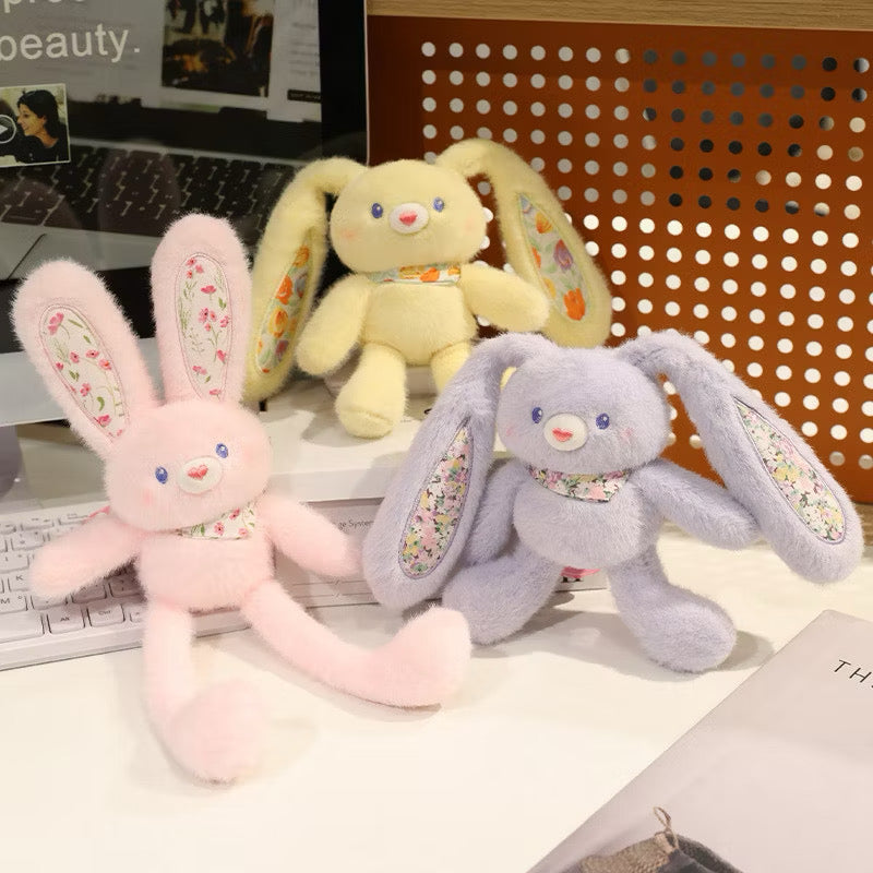Cute Floral Bunny Plush Toy Keychain - Fluffy Long Ear Rabbit Stuffed Animal Bag Charm & Pendant
