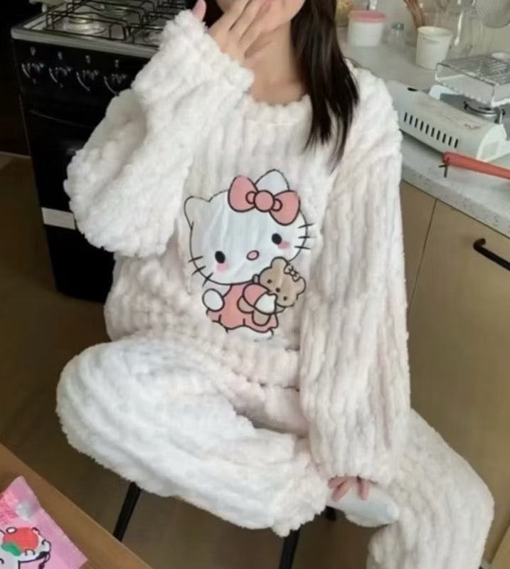 Marshmallow Flannel Hello Kitty pajama set featuring a soft flannel fabric and Hello Kitty character design, ideal for comfortable sleepwear.