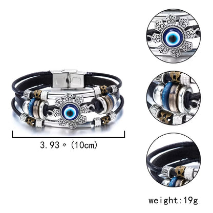 Vintage Evil Eye Protection Leather Bracelet – Unisex Multi-Strand Wristband
