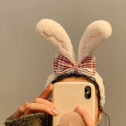 Plush Bunny Ears Headband with Lace Gingham Bow