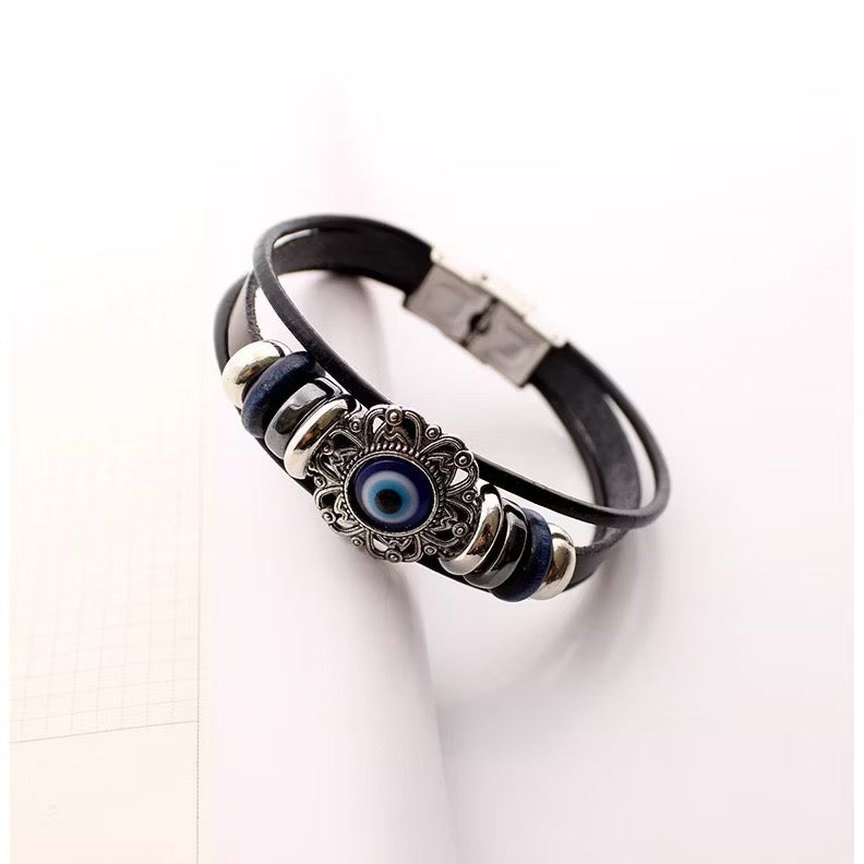 Vintage Evil Eye Protection Leather Bracelet – Unisex Multi-Strand Wristband
