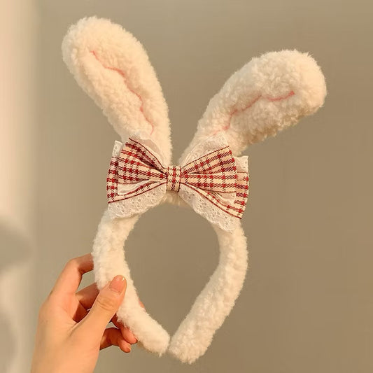 Plush Bunny Ears Headband with Lace Gingham Bow