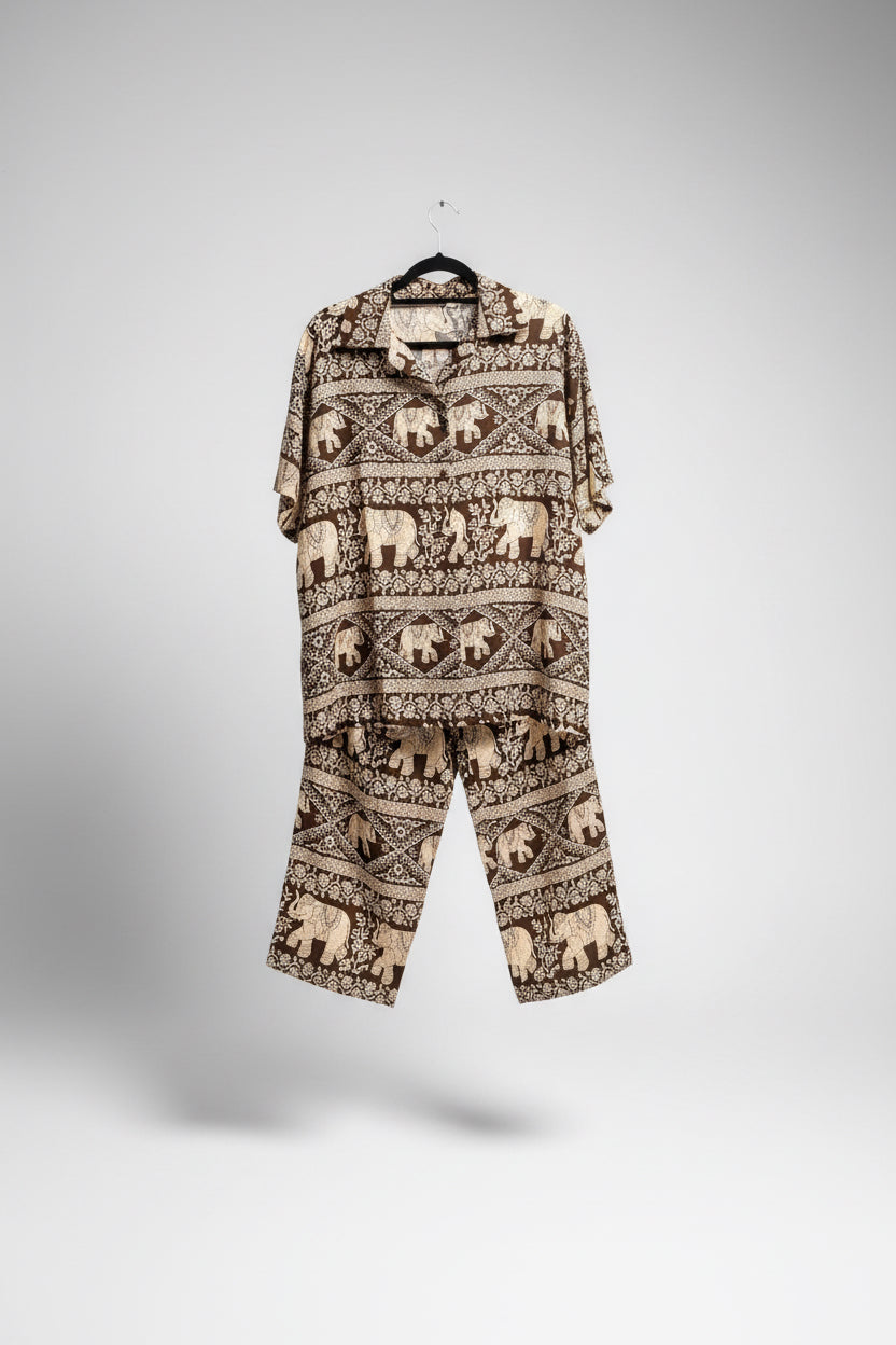 Unisex Elephant Print Short-Sleeve Button-Down Shirt and Pants Set