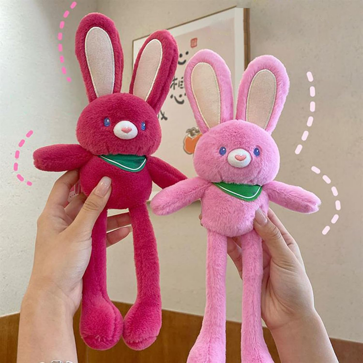 Stretchable Ear & Leg Bunny Plush Keychain – Interactive Long Leg Rabbit Plushie Bag Charm with Green Scarf Accent
