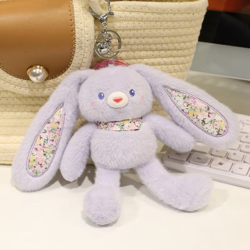 Cute Floral Bunny Plush Toy Keychain - Fluffy Long Ear Rabbit Stuffed Animal Bag Charm & Pendant