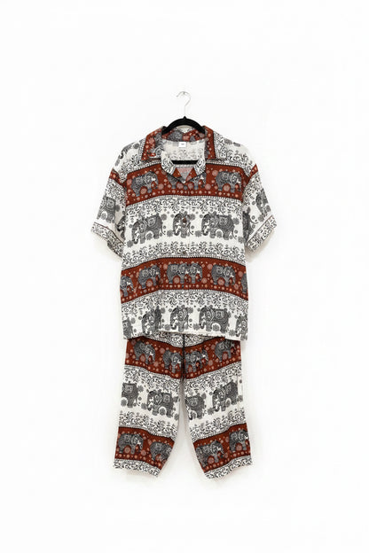 Unisex Elephant Print Short-Sleeve Button-Down Shirt and Pants Set