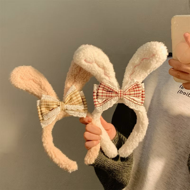 Plush Bunny Ears Headband with Lace Gingham Bow