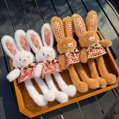 Cute Plaid Dress Bunny Plush Toy Keychain - Fluffy Long Ear Rabbit Stuffed Animal Bag Charm & Pendant