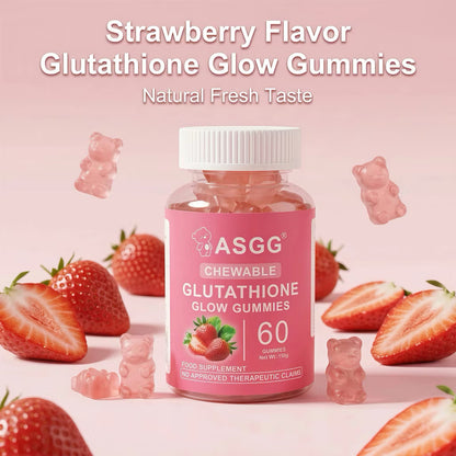 Strawberry-flavored ASGG Chewable Glutathione Glow Gummies by Kxh Official Store, showing vibrant pink gummies in a clear container.
