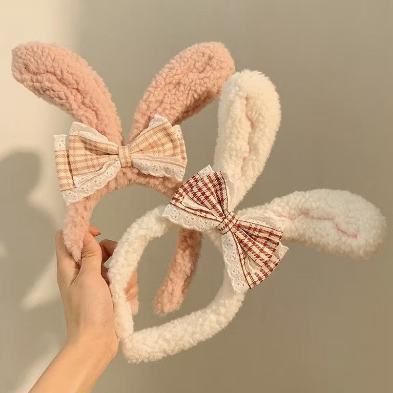 Plush Bunny Ears Headband with Lace Gingham Bow