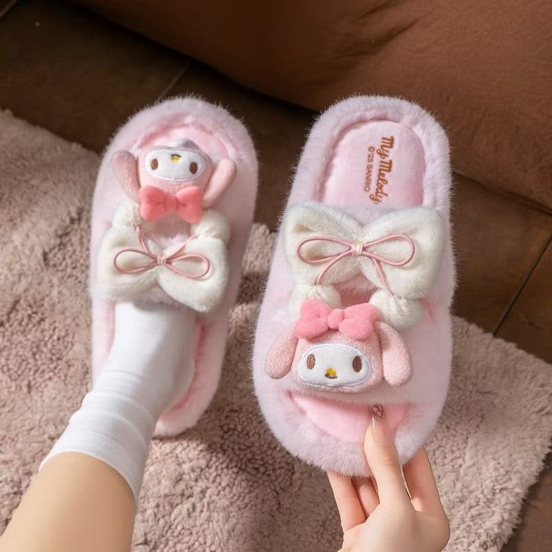 Sanrio Character Plush Bow Fuzzy Slippers