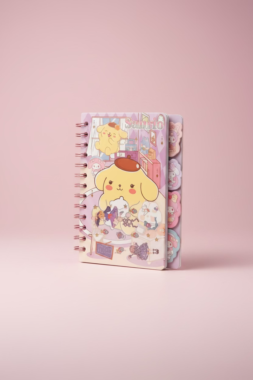 Sanrio sticker notebook with colorful character designs and cute illustrations, perfect for journaling and decorating.
