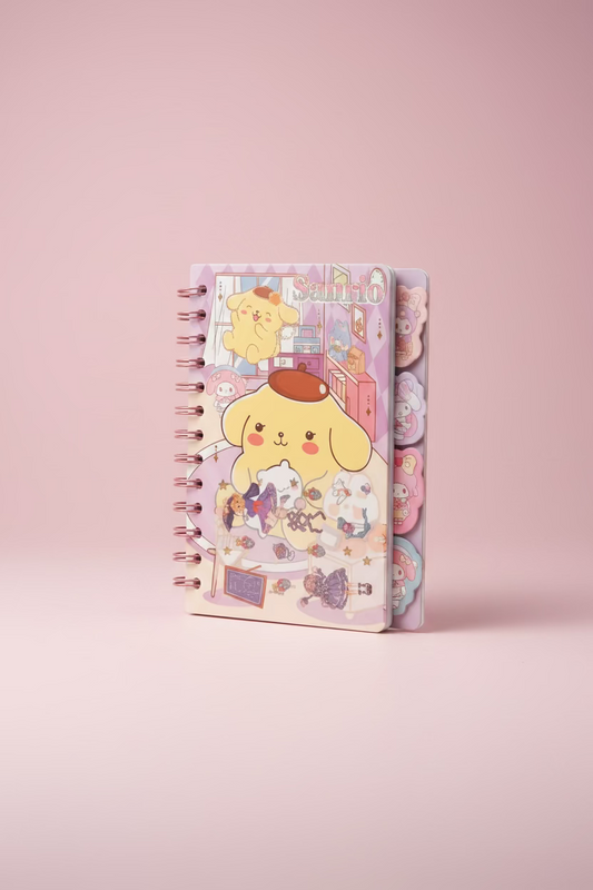 Sanrio sticker notebook with colorful character designs and cute illustrations, perfect for journaling and decorating.