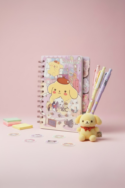 Sanrio sticker notebook with colorful character stickers and a cute cover, perfect for journaling or decorating.