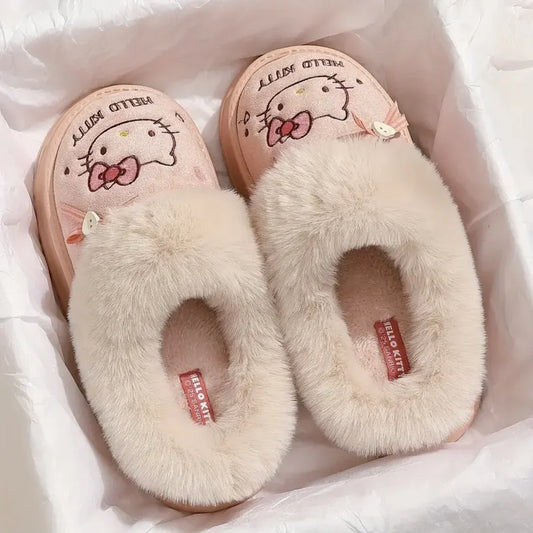 Hello Kitty faux fur plush slippers with pink accents, cozy and soft, perfect for comfortable indoor wear.