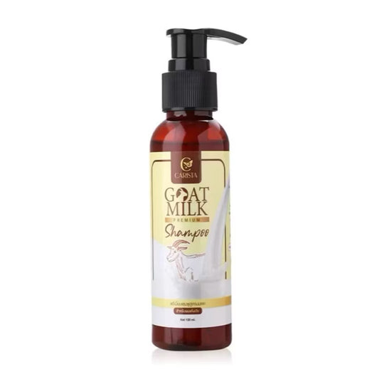 Kxh Official Carista Goat Milk Premium Shampoo bottle with white and gold packaging, designed for gentle hair cleansing.