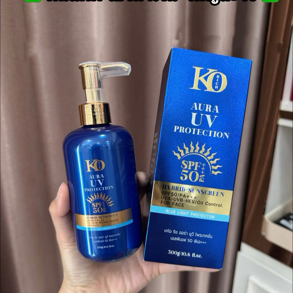 KXH Official KO RICH Aura UV Protection SPF 50+ PA+++ bottle with a sleek design and bright packaging.