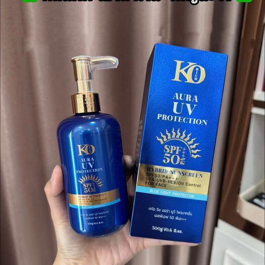 KXH Official KO RICH Aura UV Protection SPF 50+ PA+++ bottle with a sleek design and bright packaging.