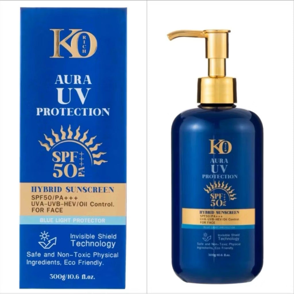 KXH Official Store KO RICH Aura UV Protection SPF 50+ PA+++ sunscreen bottle with white and gold packaging.